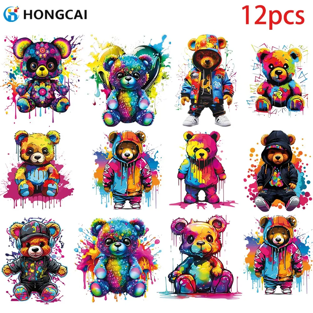 12 Sheets Graffiti Bear Heat Transfer Stickers, High Elastic Waterproof, Vibrant Bear Head Print, Sweatshirt T-Shirt Decoration, DIY Fashion Accessories, Diy Craft Embellishments, Craft Supplies