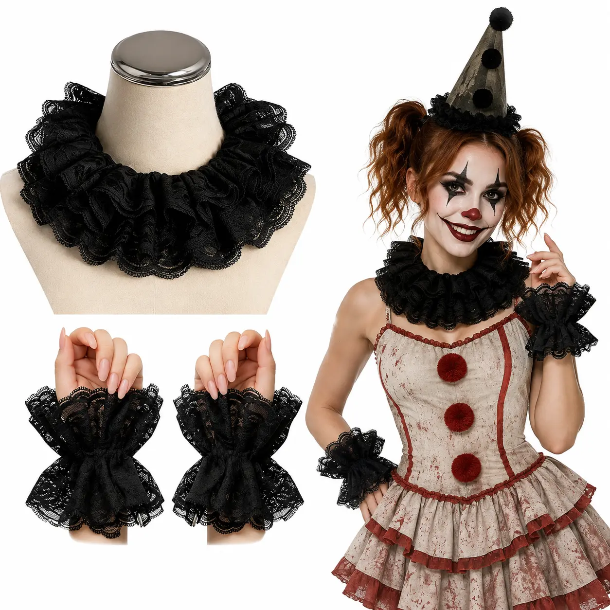 Black Lace Clown Collar and Cuffs Set, Gothic Victorian Halloween Accessories, Vintage Ruffle Neck Collar Wrist Cuffs, Creepy Clown Costume Decor, Halloween Party Decorations