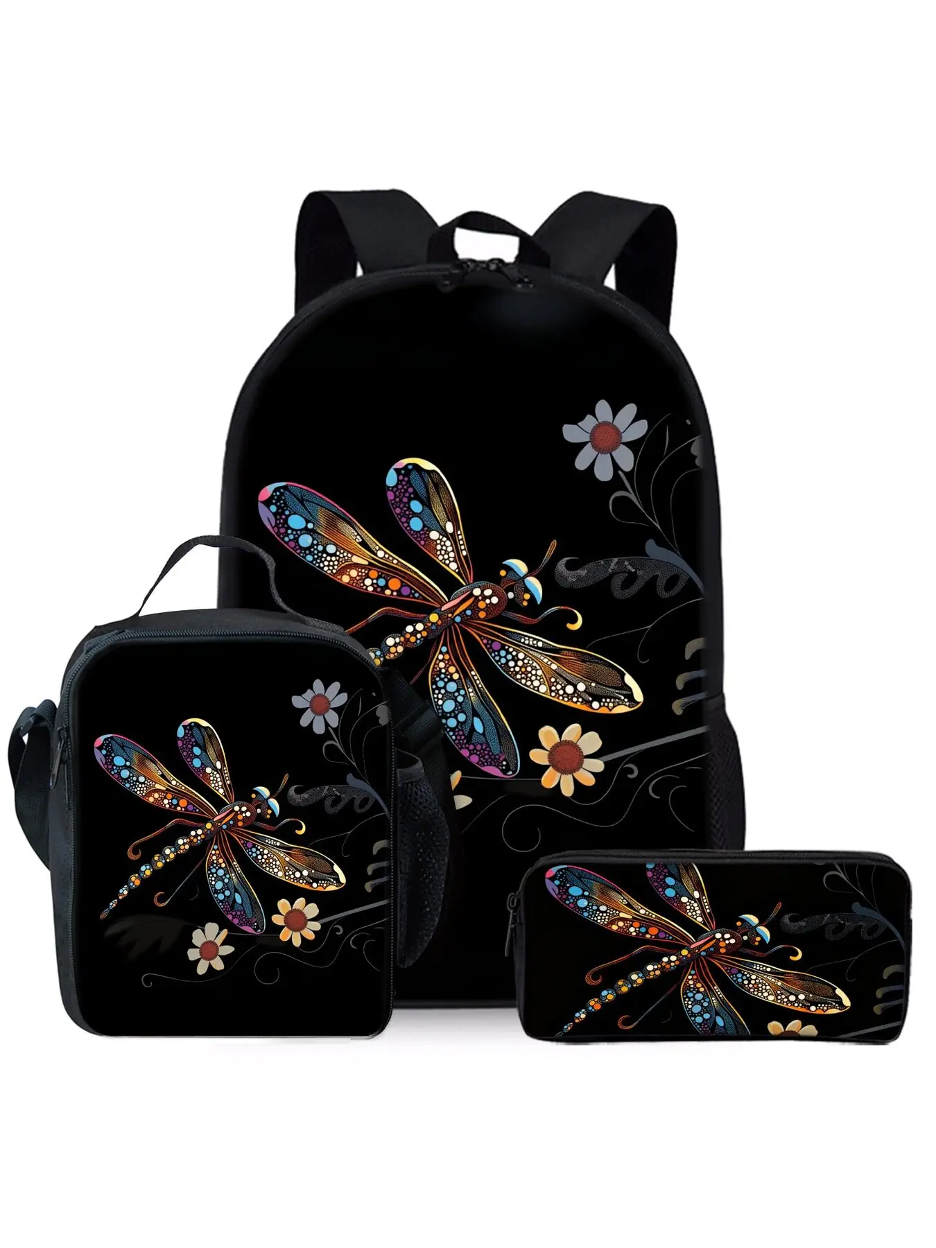 Dragonfly Sunflower Flower Printed Backpack 3-Piece Set Includes Lunch Bag and Pen Case