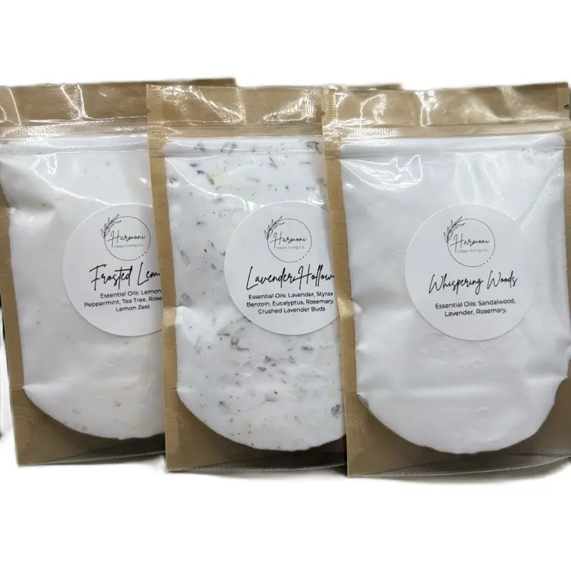 Harmoni Clean Living Co All Natural Carpet Deodorizer Sample Pack Non Toxic Scented Powder Safe for Pets Kids Frosted Lemon Lavender Hollow Whispering Woods