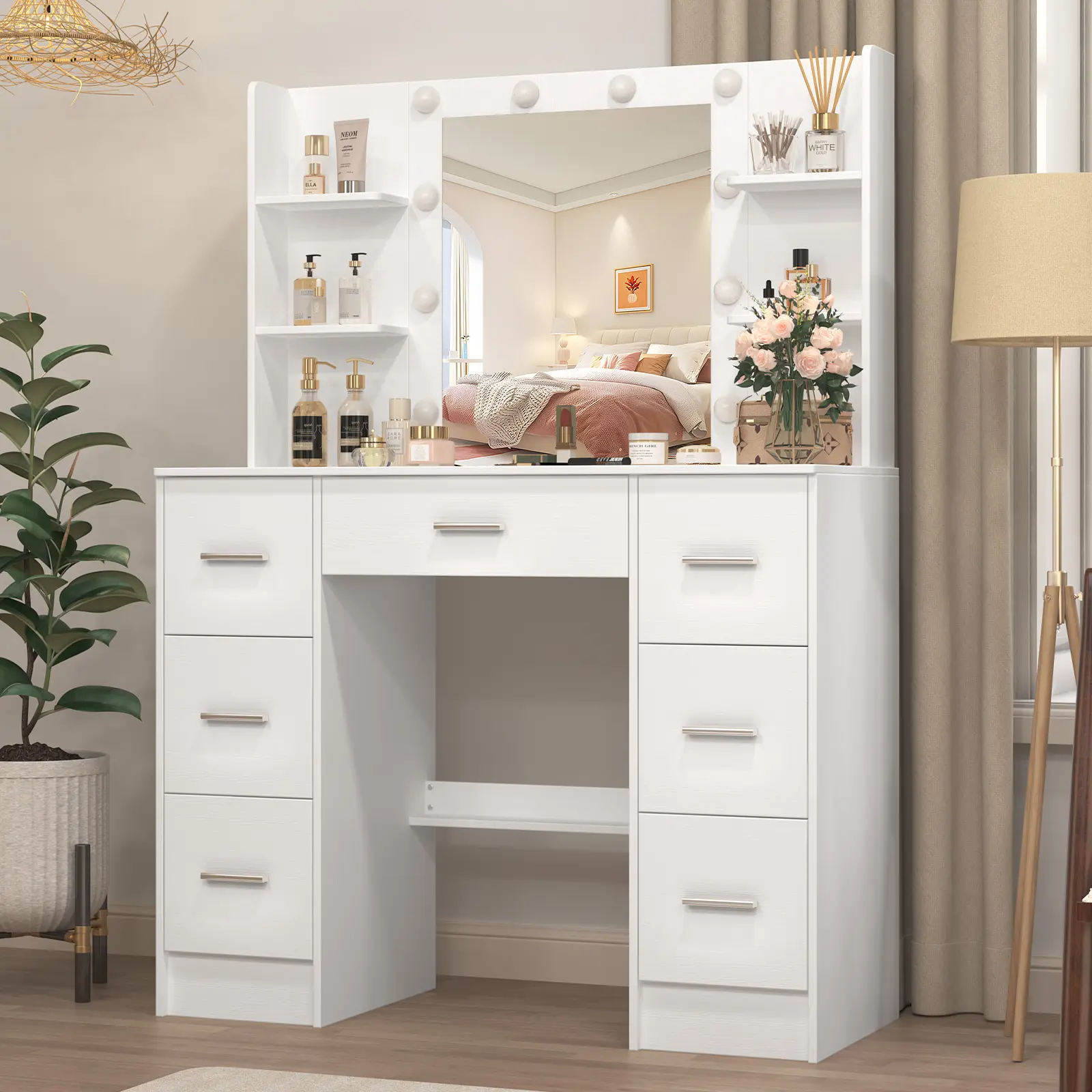 White Makeup Vanity Desk with Mirror and 10 LED Bulbs, Hollywood Vanity Table with 7 Drawers & 6 Shelves, 3 Color Modes, Dresser for Bedroom