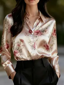 Women's Satin Print Blouse Vintage Versatile Shirt Suitable for Various Occasions, Stylish and Comfortable Top for Everyday Wear