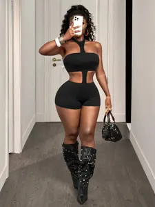 Women's Sexy Cross Cut Out Backless Bodycon Fit Jumpsuit, Casual One-Piece Romper, Halter Neck Sleeveless Design, Slimming High Waist Shorts, Chic