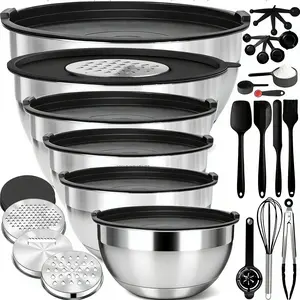6 Piece Stainless Steel Salad Bowls With Colorful Lids Large Capacity Multi Size Mixing Bowls Includes 3 Graters And 8 Kitchen Tools For Home Cooking