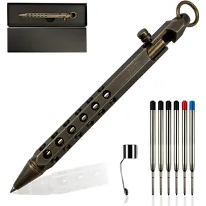 Bolt Action Solid Brass EDC Pen - Six-edge Pocket Metal Pen with Refills and Clip for Business, Christmas, Birthday (Black)