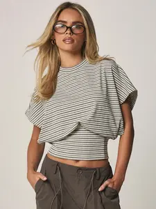 Women's Fashion Casual Striped Print T-Shirt Top, Slim Fit Gathered Waist Design, All Season Versatile, Suitable for School and Parties