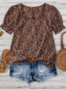 【Plus Size】 Ditsy Floral Print Blouse, Shirts, Casual Short Sleeve Top for Daily Wear, Women Plus Clothing for All Seasons