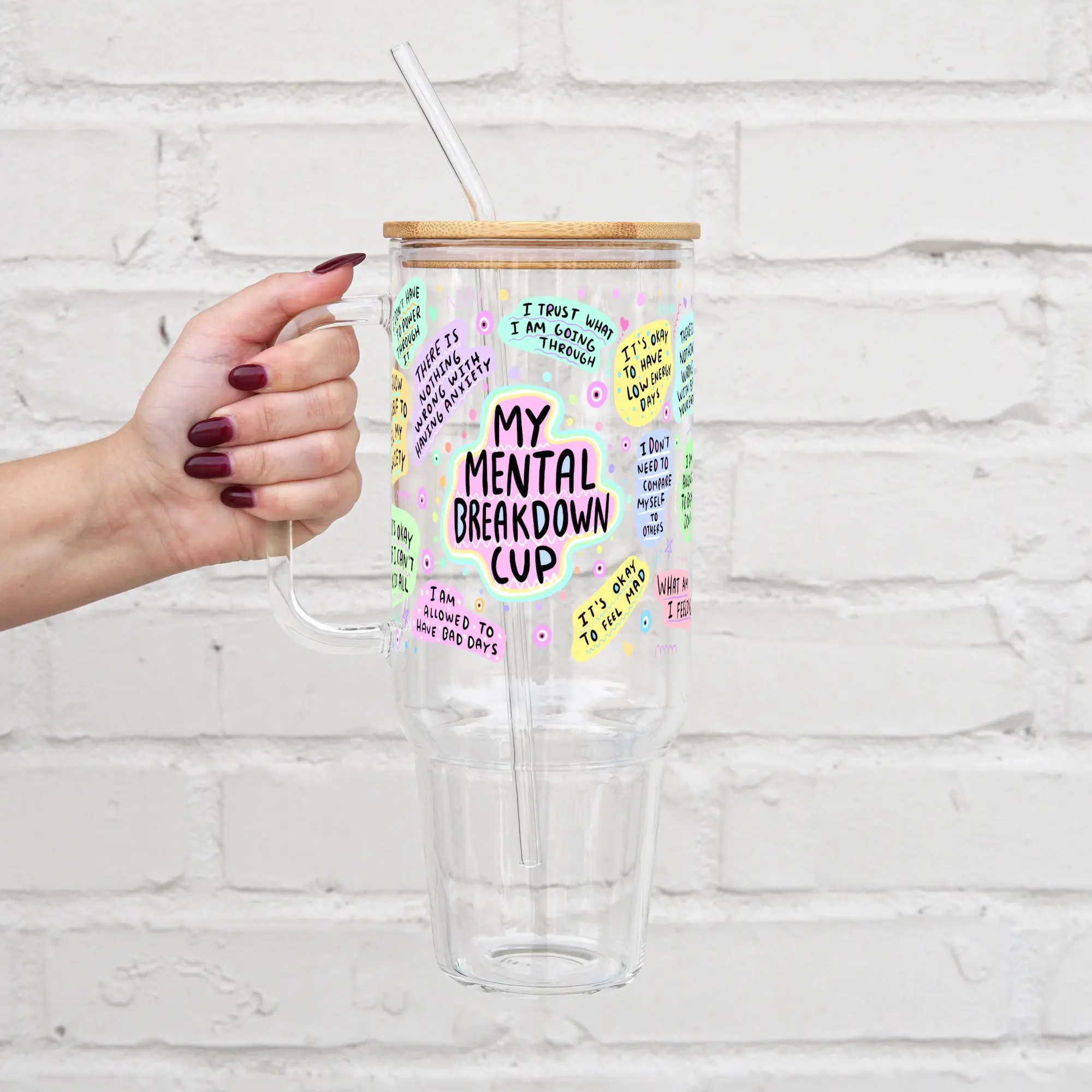 SIP-SIP HOORAY! 40oz Reusable Glass Tumbler - Bamboo Handle, Leakproof Silicone Lid, Straw, Portable Motivational Water Bottle, Iced Coffee Drinkware, Mental Health Gift for Women