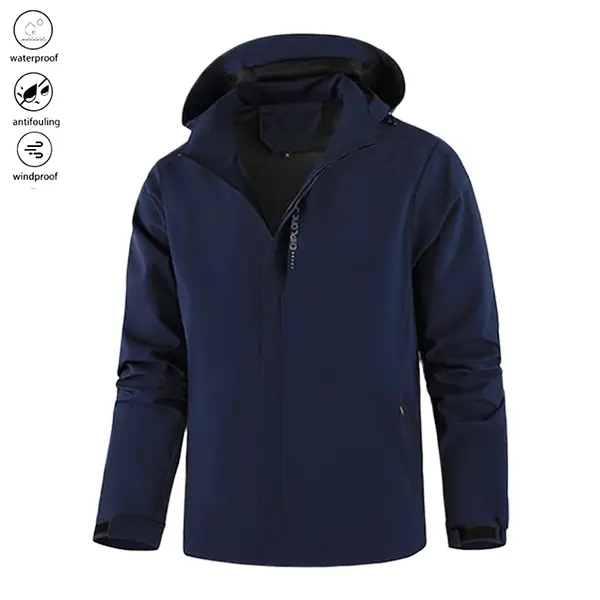 Men's Lightweight Fitted Cut Windproof Waterproof Hooded Plain Polyester Jacket - S/XXS, Navy Blue, Athletic Outdoor Wear, Zippered Pockets, Blocks Wind Chill, Easy-Care, Machine Washable, Suitable for Spring & Autumn