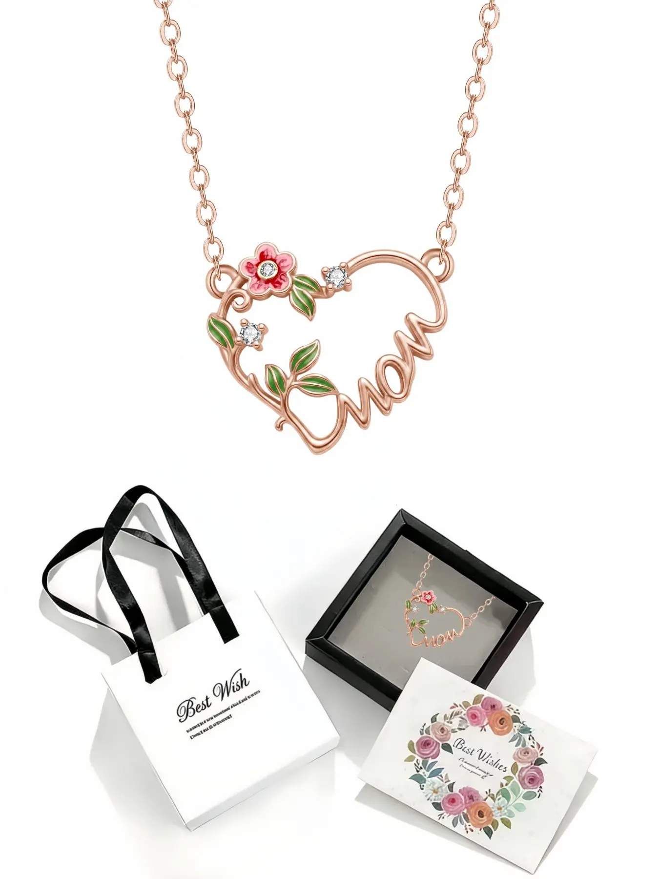 Confession to Mom Luxury rose gold enamel gem necklace with heart and flower MOM design for women.Comes with an exquisite drawer-style jewelry gift box, suitable for birthdays, Mother's Day, Valentine's Day, Christmas and anniversaries.