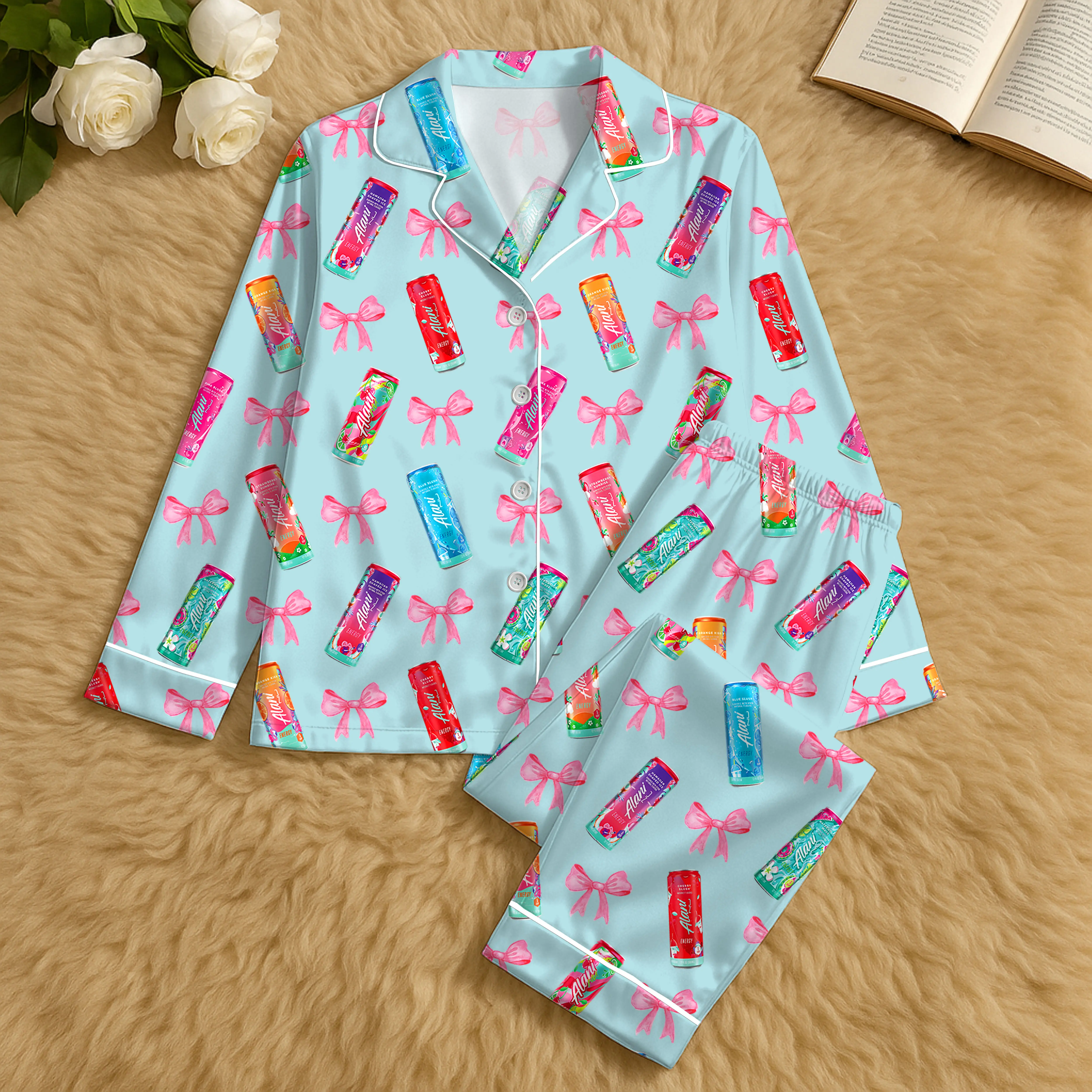 Women's Energy Drink Can Print Polyester Satin Pajama Set - Adjustable Elastic Everyday Style Sleepwear, Ideal Gift for Energy Drink Lovers