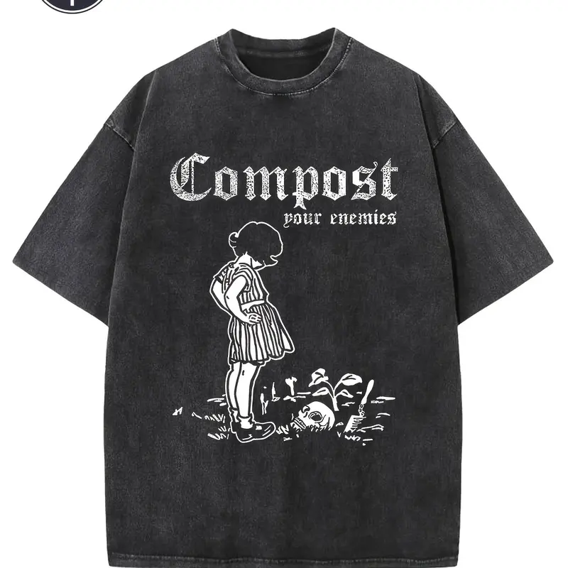 Vintage Compost Your Enemies Gothic Font Little Girl Gardening Dark Humor Graphic T-Shirt, Washed Black Oversized Cotton Crewneck Tee, Retro Weirdcore Sarcastic Garden Meme Streetwear Gift Top