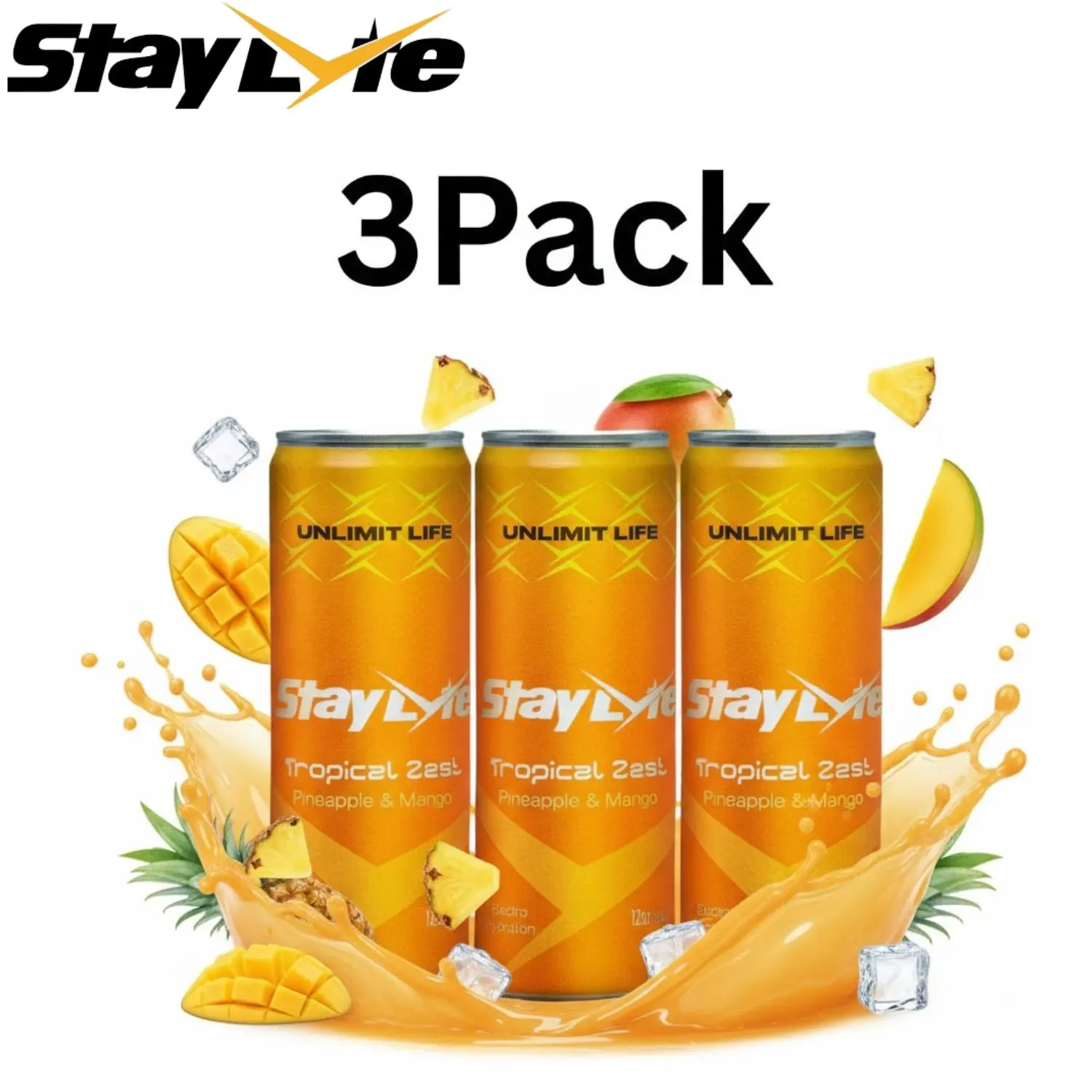 Clean Deink Mango Pineapple 3-in-1  StayLyte Tropical Zest 3-Pack Sparkling Electrolyte Energy Drink 425mg Electrolytes 50mg Caffeine B Vitamins Hydration Recovery Vegan Non GMO 12oz Cans 12 Pack 0 Sugar Supports Brain Health