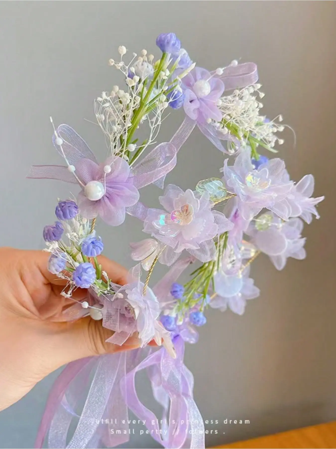 A crown tiara princess wreath super fairy pearl streamer headband flower girl wedding head flower women's headband Cute hair accessories Sparkling Flower Headbands