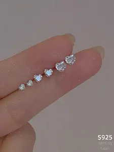 S925 Sterling Silver Heart Shaped Artificial Zirconia Earrings, 3 Pairs Inlaid Zircon Stud Earrings, Artificial Zircon Earrings, Classic Jewelry for Party, Daily Decor, Fashion Girl Accessories for Women & Men, Pretty Studs