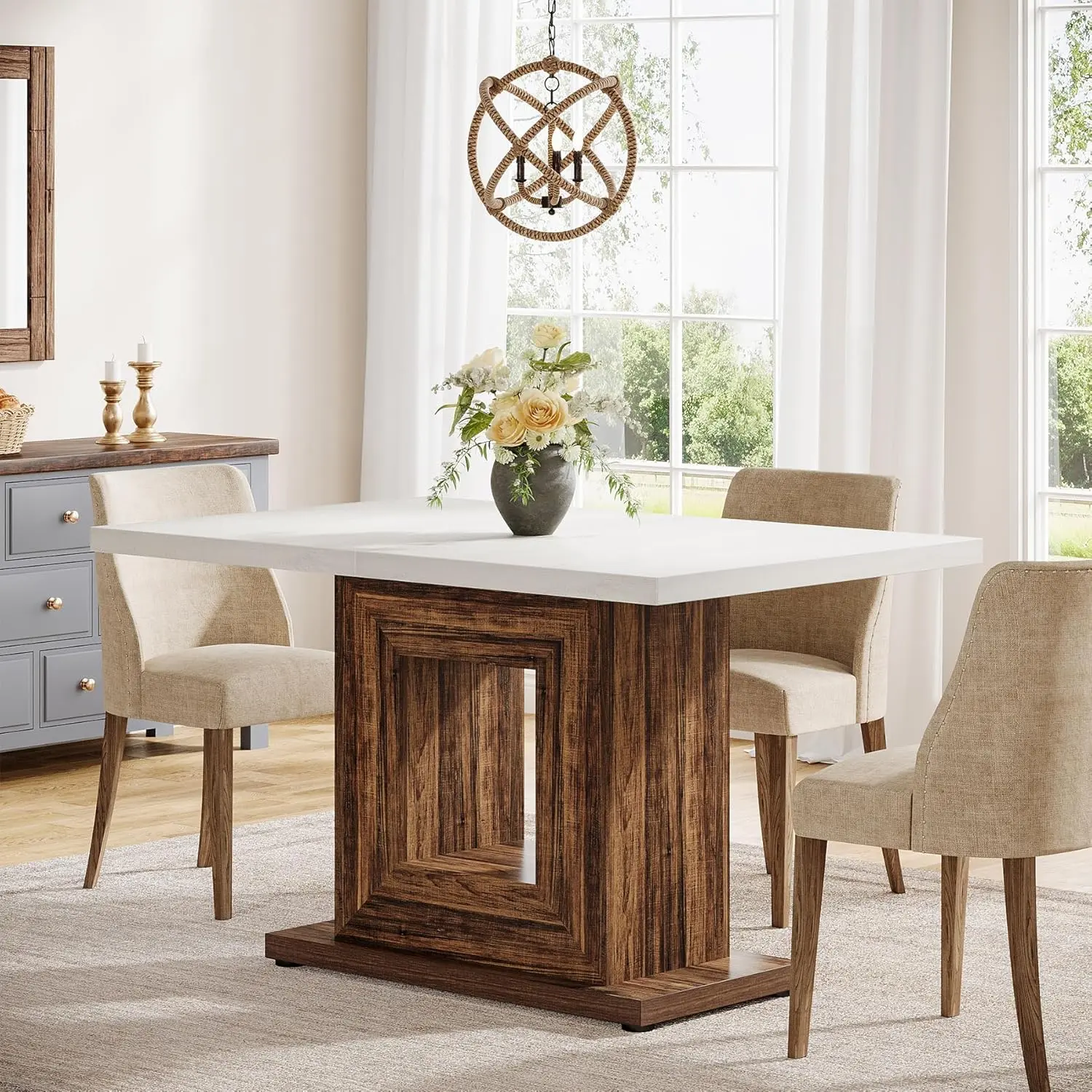 LITTLE TREE  47-Inch Farmhouse Dining Table for 4, White Kitchen Dinner Table with Heavy Duty Pedestal, Rustic Wooden Eating Table for Home, Dining Room, Small Space