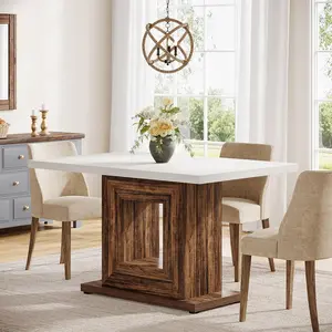 LITTLE TREE  47-Inch Farmhouse Dining Table for 4, White Kitchen Dinner Table with Heavy Duty Pedestal, Rustic Wooden Eating Table for Home, Dining Room, Small Space