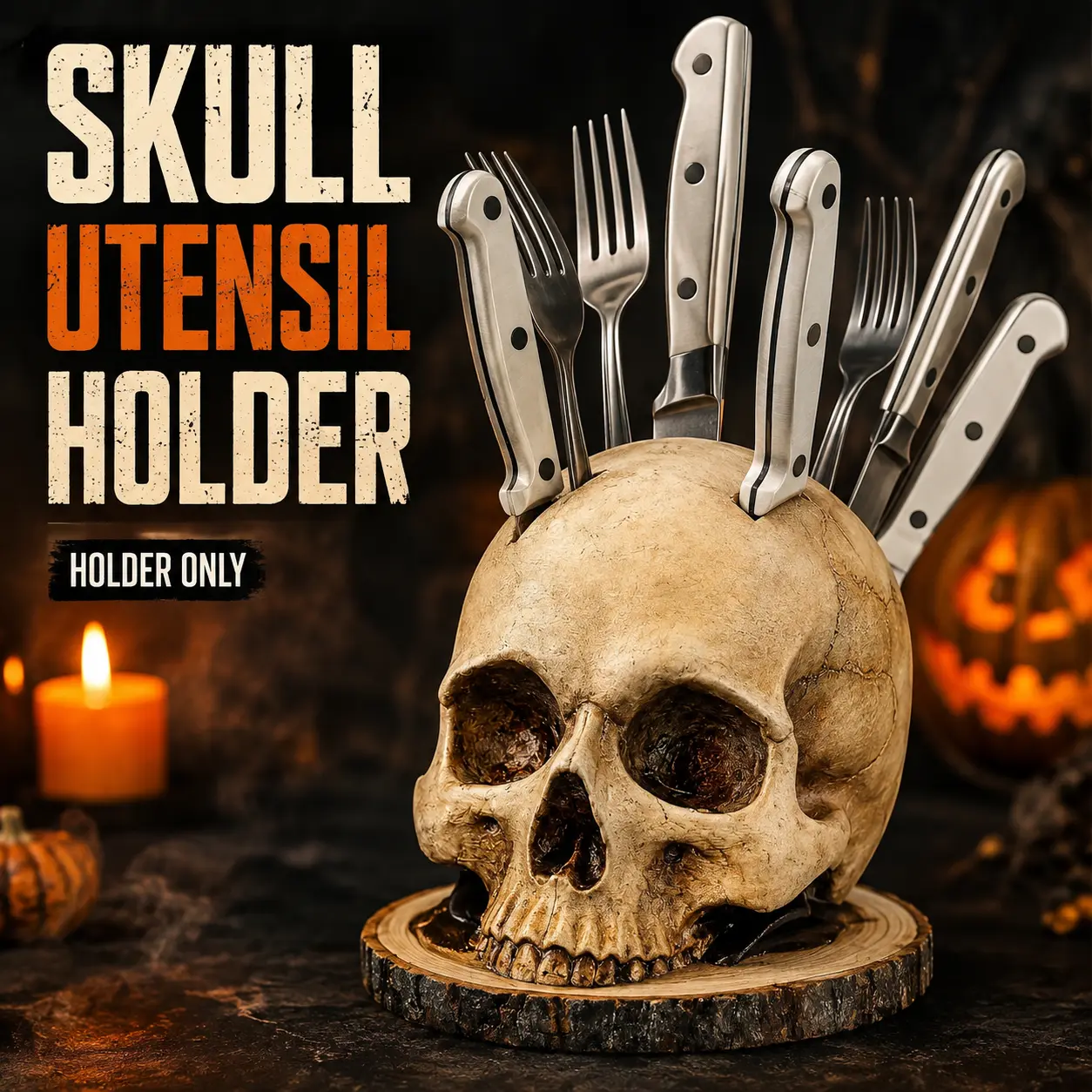 Halloween Skull & Zombie Head Resin Utensil Holder - Horror Look Skull Shape Spooky Theme Tabletop Stand, Kitchen Decor Ideas Knife Fork Storage, Indoor Recreation Accessory (Holder Only)