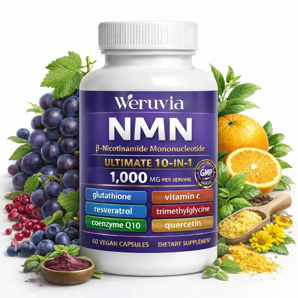 Weruvia summervibes NMN 1000mg + CA AKG Biotin MSM Complex – Anti-Aging & Beauty Support Supplement – NAD+ Booster, Supports Skin, Hair & Nails – with Resveratrol, CoQ10, Hyaluronic Acid – 60 Vegan Capsules