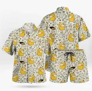 2026 Hot Hawaiian Sets PKM [FREESHIP] Anime Addict On Vacation – Cream Duck Doodle Pattern PKM Hawaiian Shirt