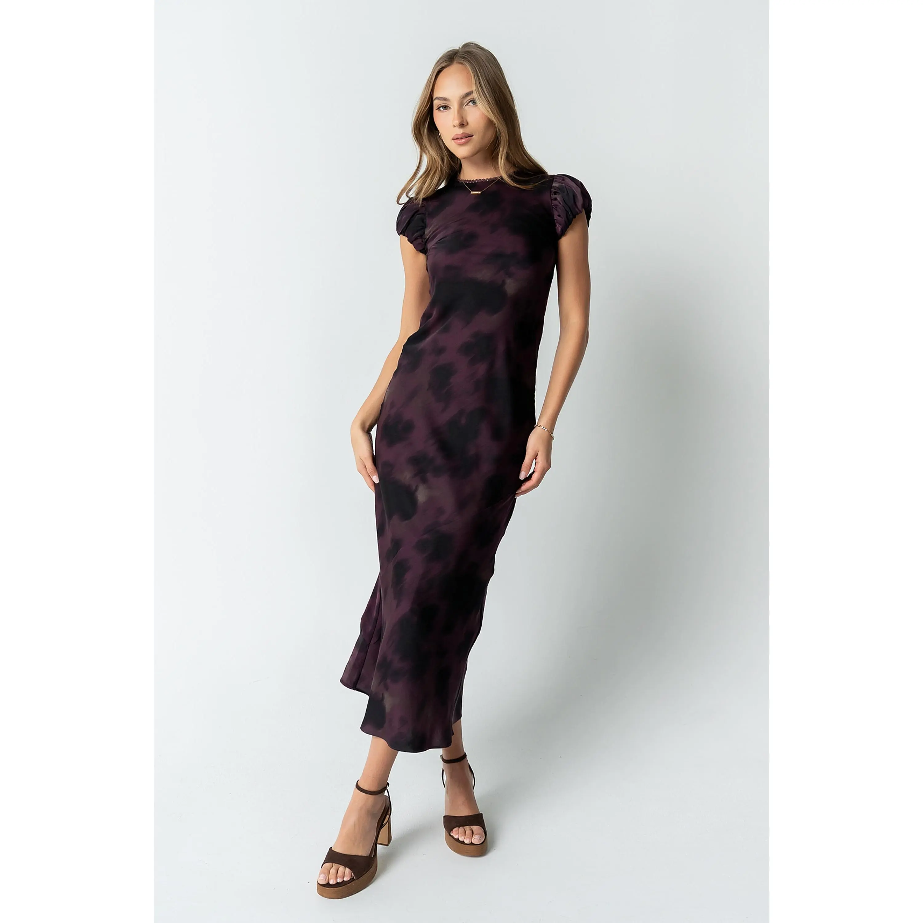 Women's Fitted Casual Purple Ellianna Floral Maxi Dress - Polyester-Elastic Fabric, Lace Accents, Round Neck, Zipper Closure, Short Sleeves, Floral Print, Full Length, Casual Wear, Zip Closure