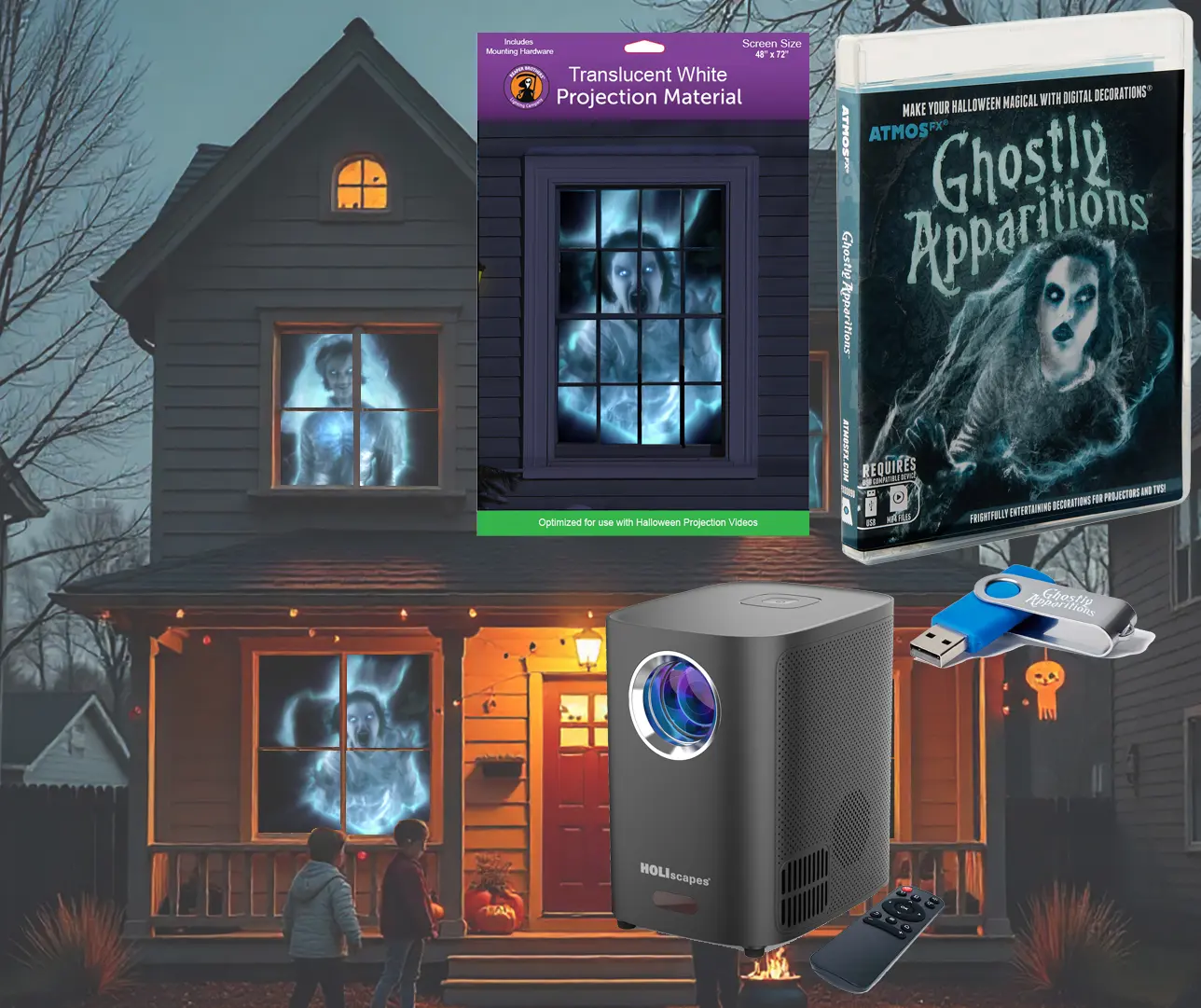 HoliScapes USB Projector Kit - AtmosFx Ghostly Apparitions on USB + Projector + 48" x 72" Large White Holographic Screen for Halloween Projection