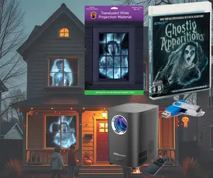 HoliScapes USB Projector Kit - AtmosFx Ghostly Apparitions on USB + Projector + 48" x 72" Large White Holographic Screen for Halloween Projection