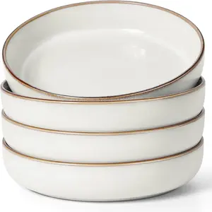 Stoneware Pasta Bowls Set of 4, 37 Ounce Large Wide Shallow Plates and Stackable Serving Bowls Sets for Salad Soup Cereal, Microwave & Dishwasher Safe,  White