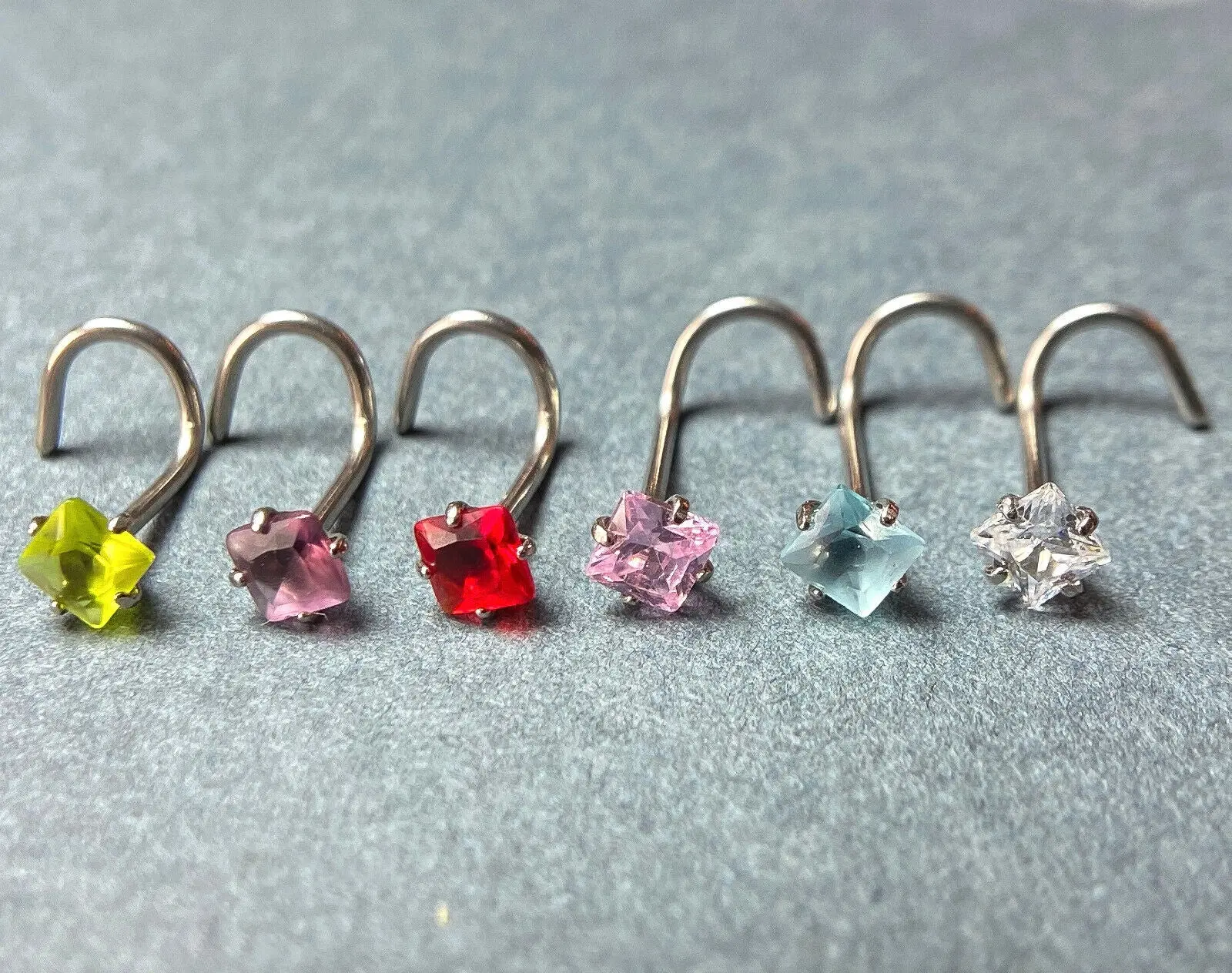 1pc Surgical Steel Nose Screw Ring w/Square Prong Set Gem 18g, 20g- choose color