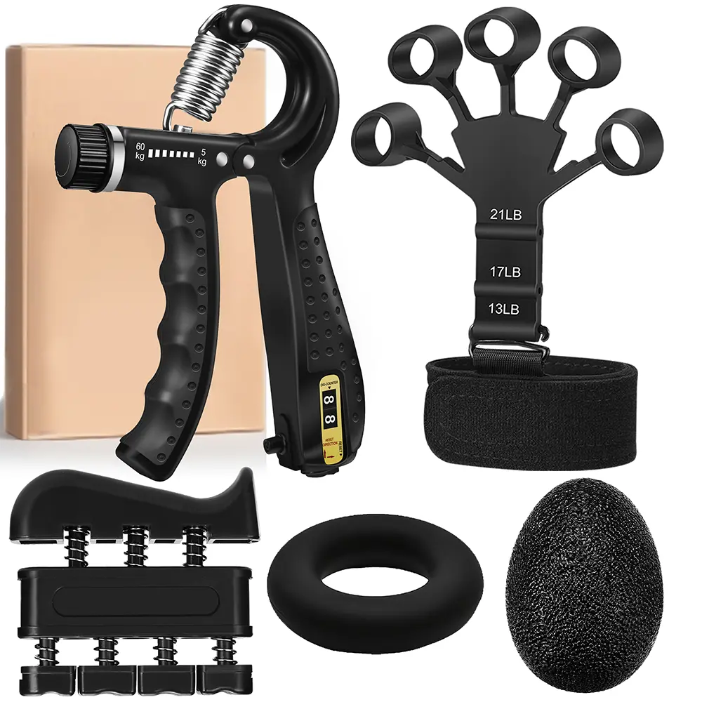 5-in-1 Durable Plastic Grip Strength Trainer Kit, Adjustable 5-60kg Finger Exerciser, Soft Silicone Hand Strengthener for Home Gym Forearm Training & Athletes’ Injury Recovery