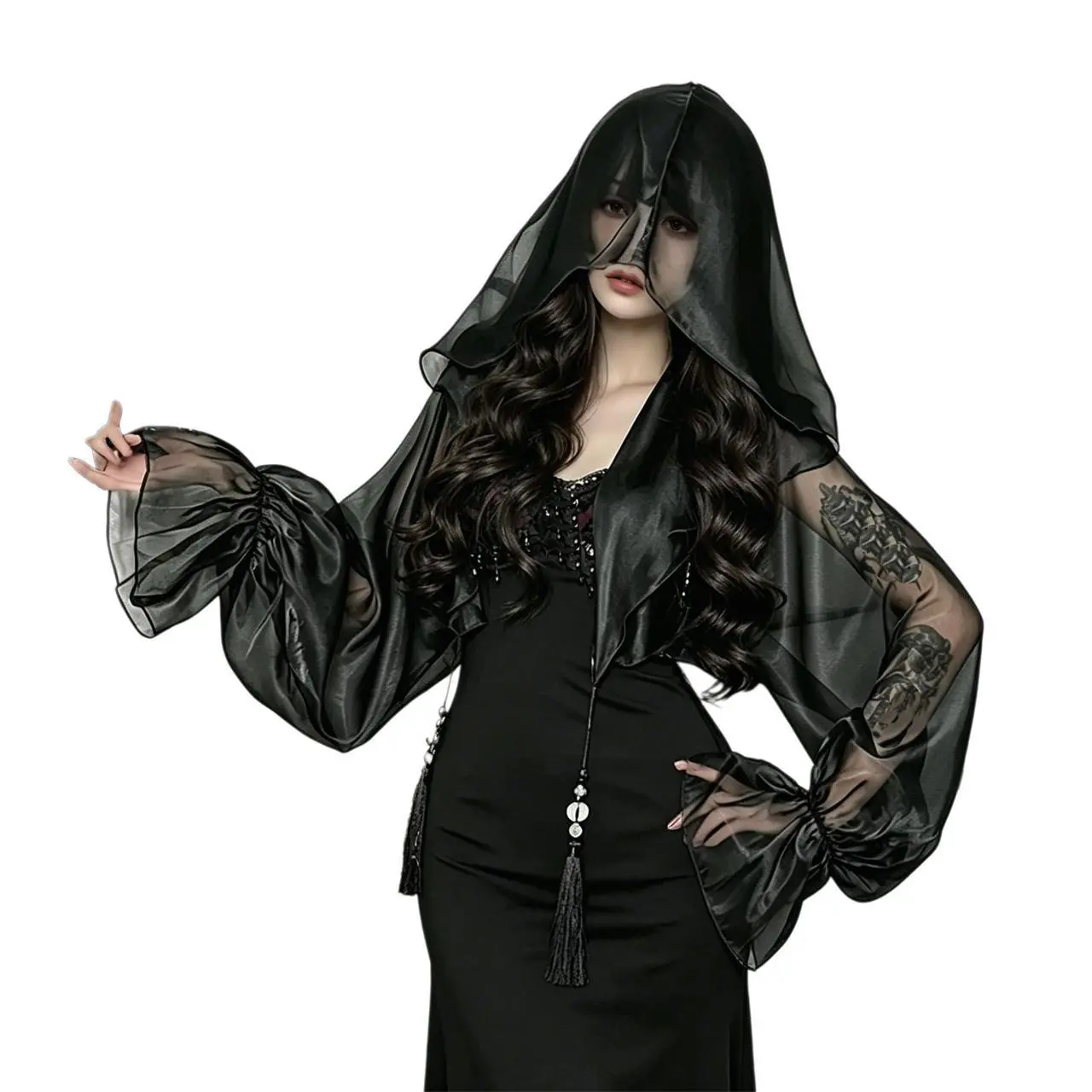 Women's Victorian Knitwear Crop Cardigan Shrug - Black, Puff Long Sleeves, Hooded, See-Through, Baggy Bolero, Premium Fabric, Drawstring, Lacy, Fits Alt Goth Styles, Work & Biker Outfits, Thanksgiving Events, Formal Bridal Gowns Accessories
