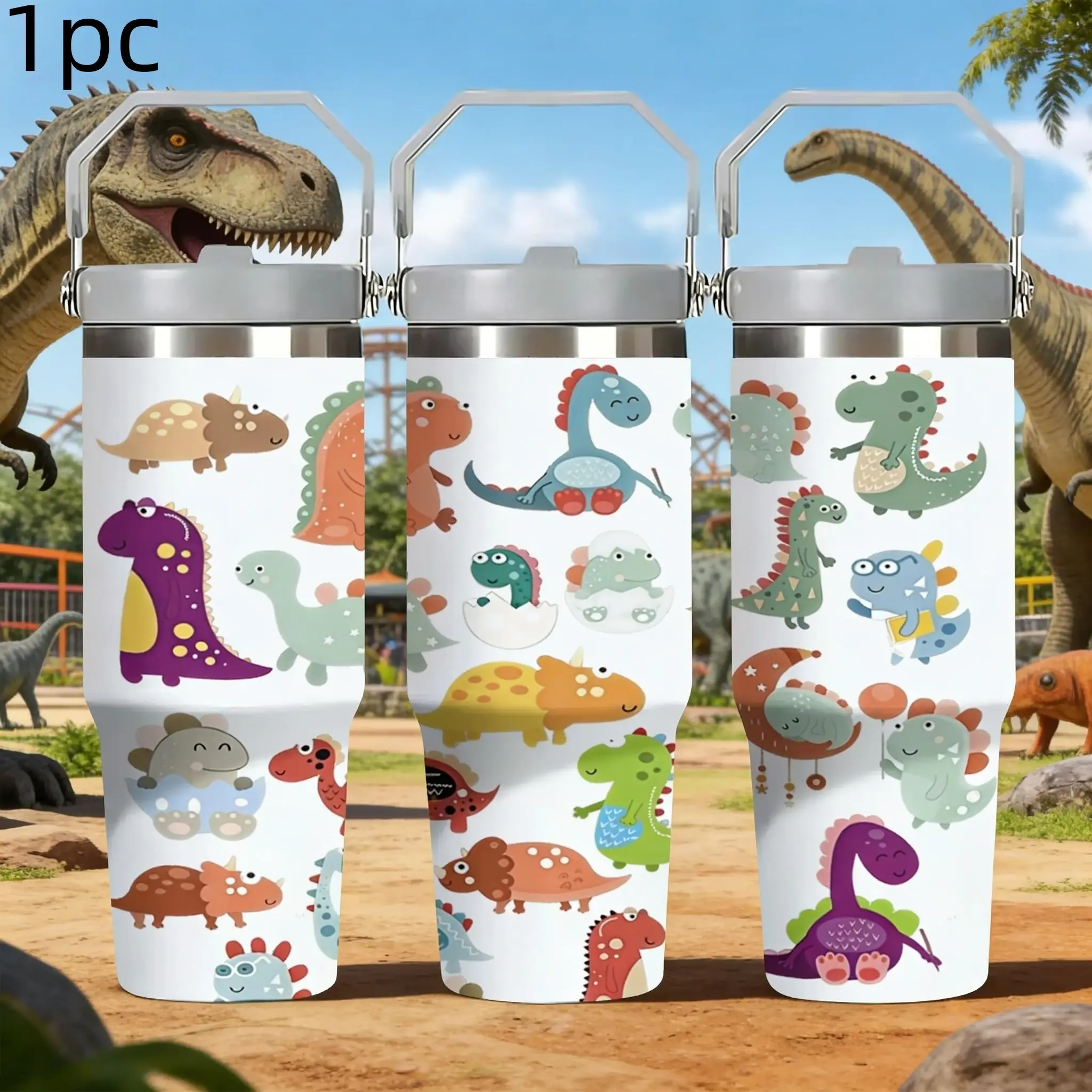 30oz Cute Dinosaur Portable Insulated Tumbler with Handle, Lid, Stainless Steel Vacuum Travel Mug, Travel Mugs Insulated For Hot And Cold, Leak-Proof Thermal Cup for School Outdoor, Flask Tumbler, Insulated Drink Tumbler