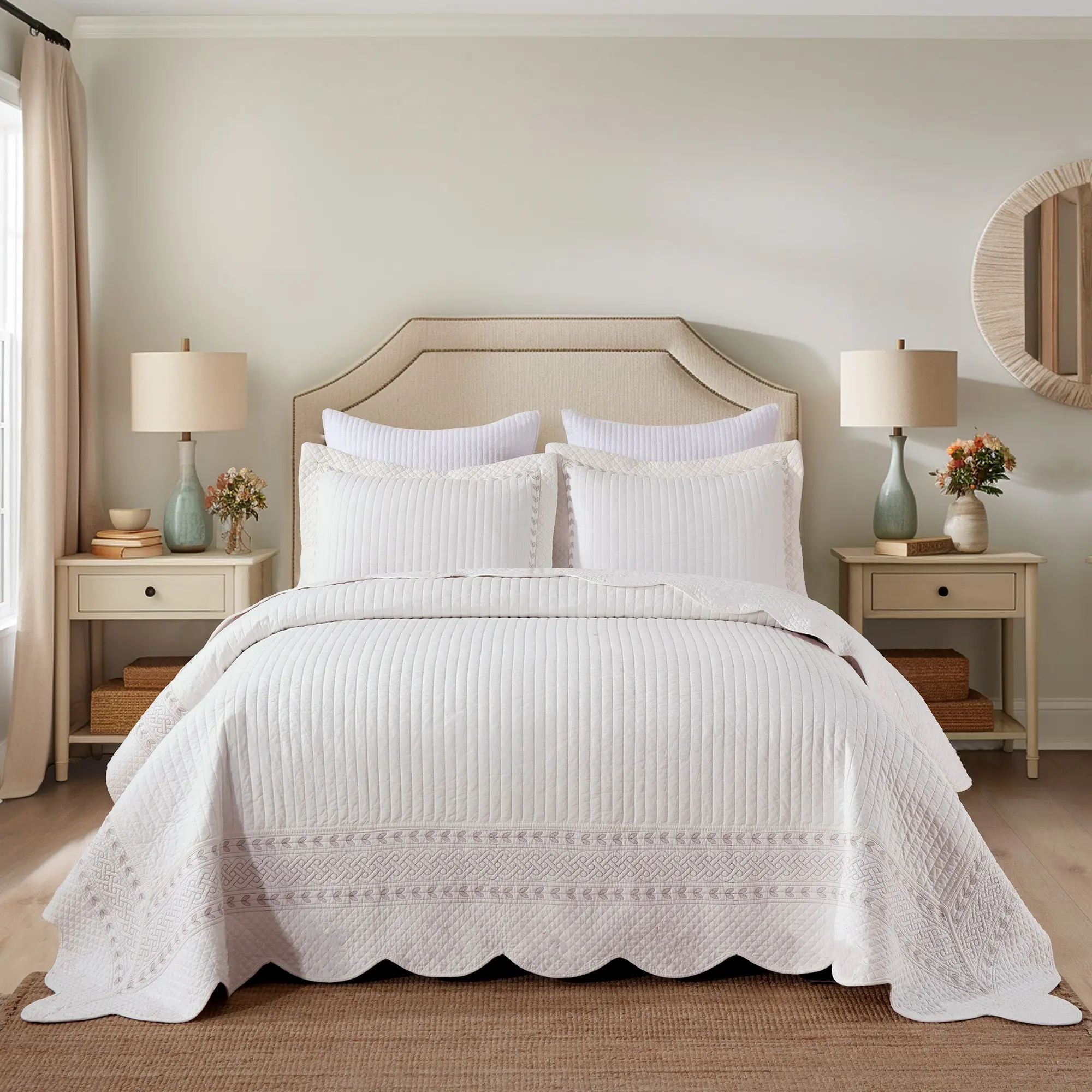 Queen/King 3-Piece 100% Cotton White Vertical Striped Quilted Bedspread Set - Quilt + Sham, Breathable Soft, Lightweight All-Seasons Bedding, Easy Machine Wash, Modern Farmhouse Layering Decor