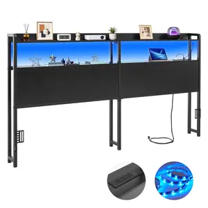 【FathersDayGift】VEVOR Neutral Modern King Size Headboard, Carbon Steel Frame with 2 Storage Shelves, LED Light, 3 Outlets, 3 USB Ports, Charging Station, Adjustable Height, Sturdy, Black, Neutral Modern Headboards, Built-In Outlets Headboards, Charging St
