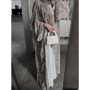 Floral Print Abaya with Headscarf – Open Front, Long Sleeve, Plus Size