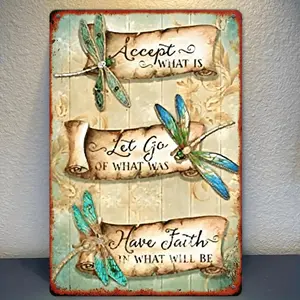 2D Flat, Vintage Dragonfly Metal Tin Sign - 8x12 Inch Retro Dragonflies Wall Art Decor, Durable Metal Picture for, Cafe, Bar, Kitchen, Bathroom - Easy to Hang /Outdoor Decoration with Dragonfly Theme (Irregular cutout), 2D Flat
