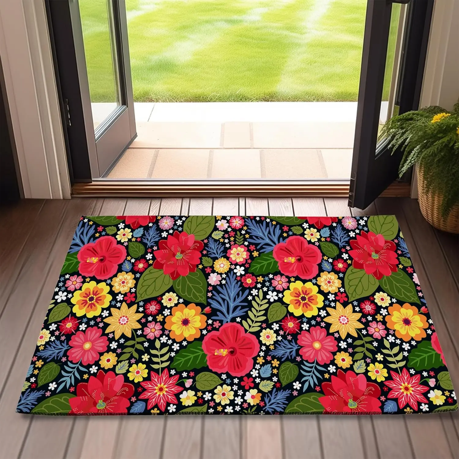 Front Door Mat,Colorful  Indoor Outdoor Entrance Exotic Floral Welcome Doormats,Non-Slip Low Profile Entryway Mats for Porch Patio 17''x30''