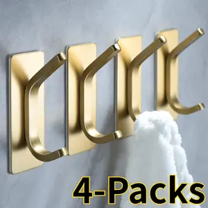 4-Pack Stainless Steel Towel Hooks/Adhesive Hooks - Without Drilling Brushed Gold Wall Bracket for Hanging Coat, Hat, Towel Robe , Bathroom and Bedroom Storage Rack (Max loading : 23 lb)
