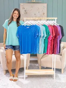 Zenana Washed Ribbed Cuffed Short Sleeve Round Neck Top | S/M-2X/3X