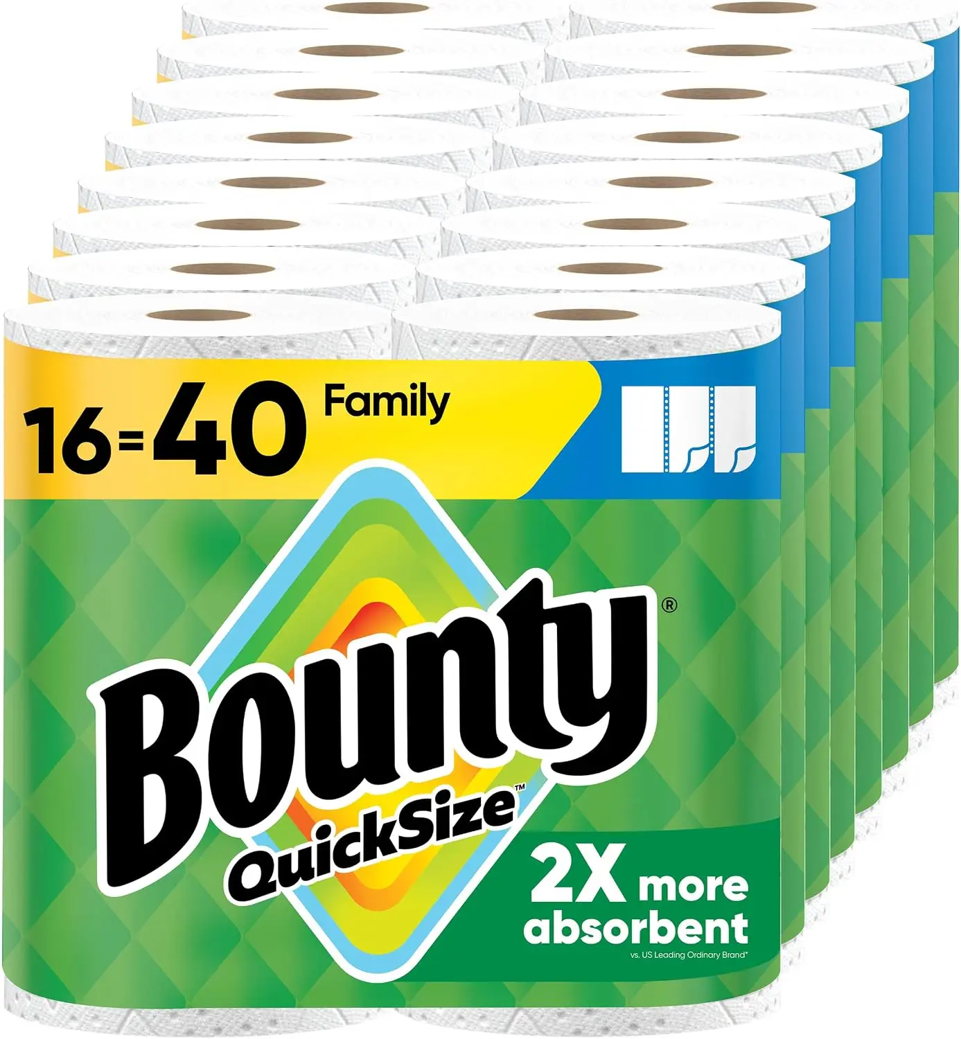 Bounty Cleaning Paper Towels, Quick Size, White, 16 Family Rolls (Equals 40 Regular Rolls) with Pack Convenience