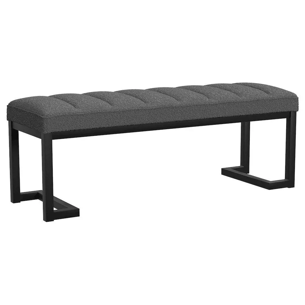 Charcoal Boucle Upholstered Backless Accent Bench - Bracket Shape Silhouette Bedroom Furniture, Channel Tufted Fabric, Neutral Design, Metal Frame, Memory Foam Stool for Living Area
