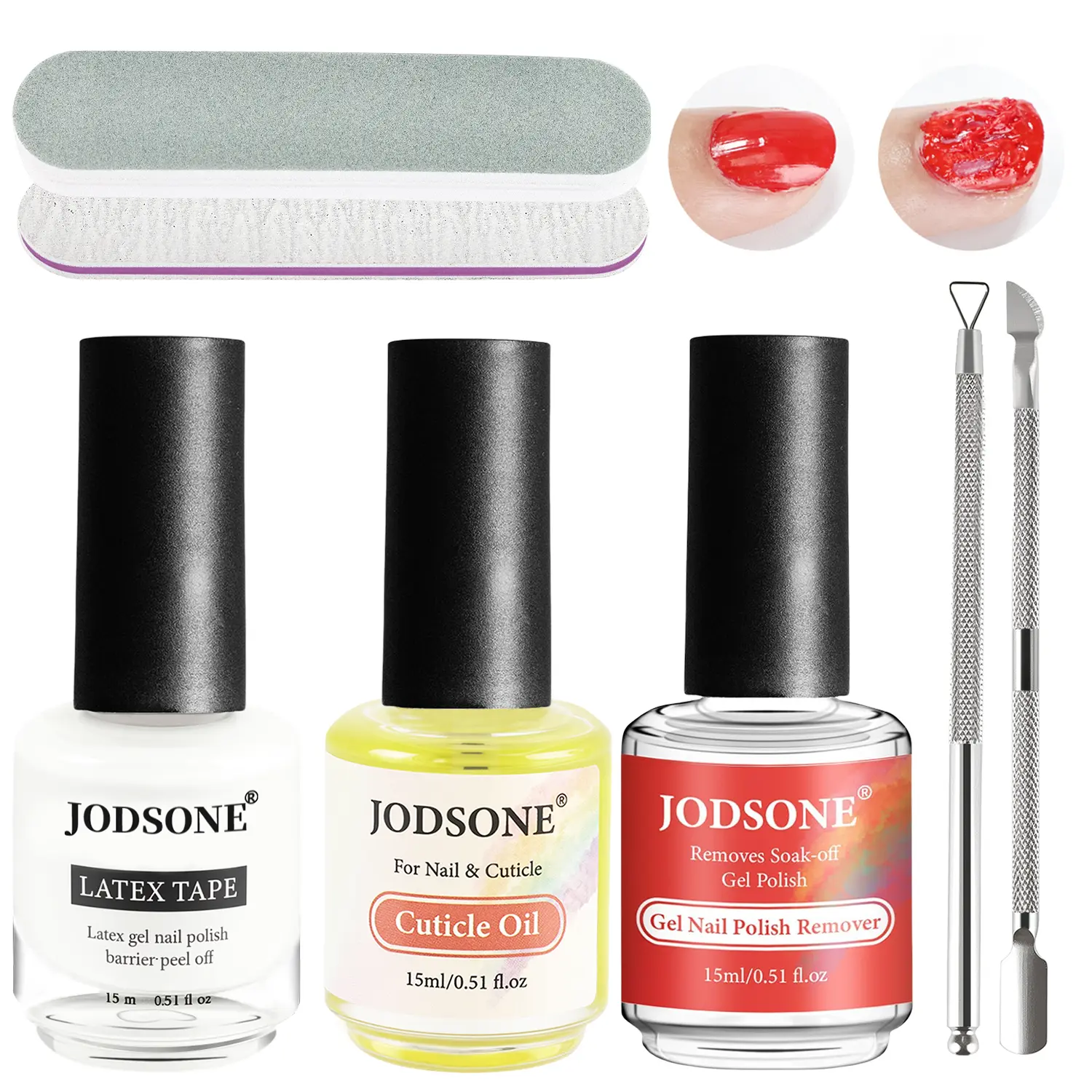 JODSONE No-Soak Gel Nail Polish Remover Kit, 5-in-1 Complete Set for Quick Removal with Moisturizing Cuticle Oil, Latex Tape, & Manicure Tools for Home Use, Moisturize, Complete Kit, Self Care Products, 15Ml, Steel