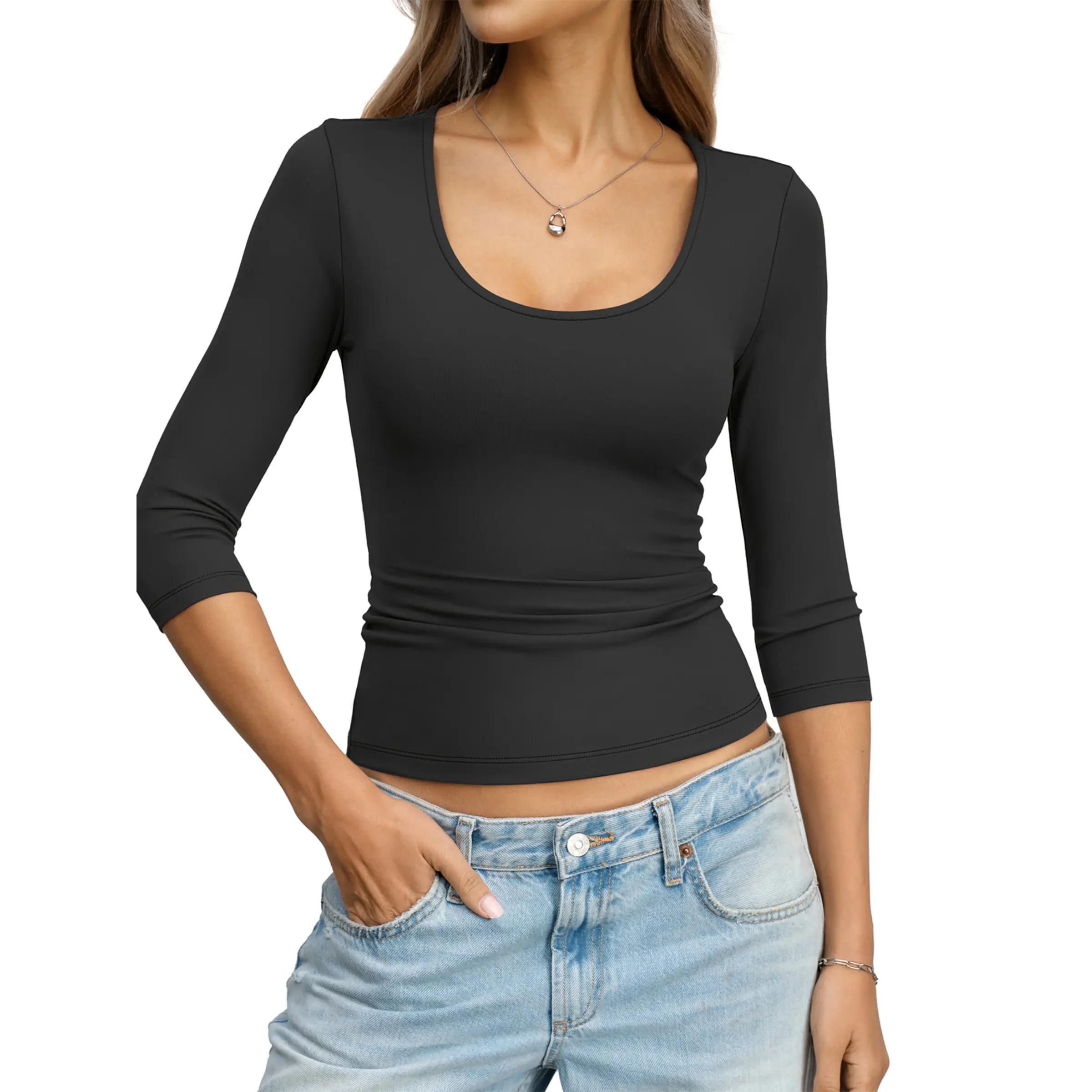Eachyes Womens 3/4 Length Sleeve Scoop Neck Tops Casual Slim Fit T-Shirts Basic Tees Spring Summer Outfits Clothes 2026
