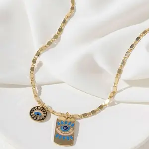 Gold Plated Evil Eye & Protection Pendant Necklace with Blue Accents and 17in. Chain