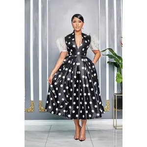 POLKA DOT PRINT WRAP AROUND FLOWER SLEEVES DRESS (BLACK/WHITE)
