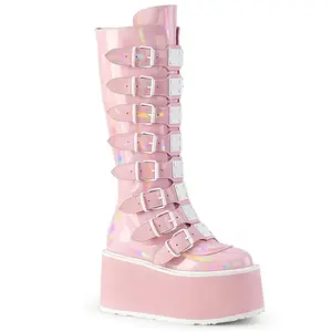 Demonia Damned-318 Baby Pink Holo Patent Knee-high Boots