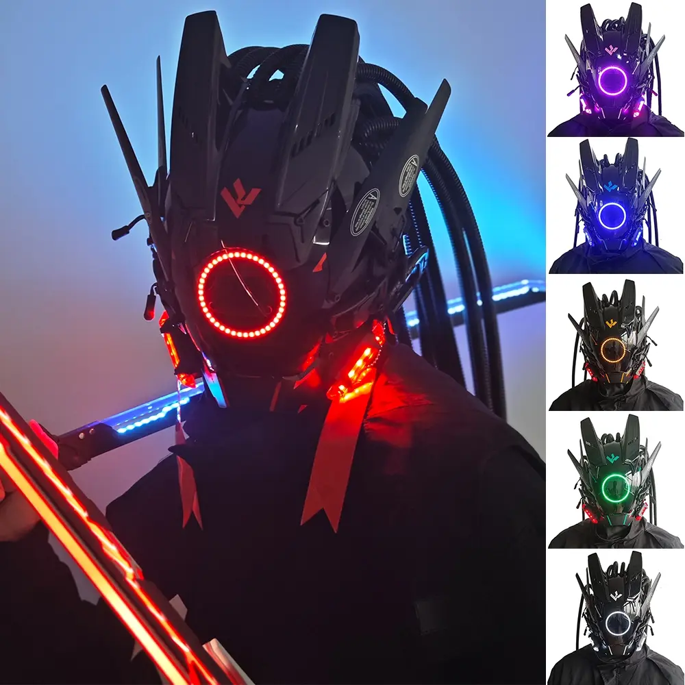 Fashion Cool LED Lights Punk Mask with Braids, Futuristic Sci-Fi Mechanical Mask, Halloween Cosplay Samurai Mask, Music Festival Party Accessory, Cyberpunk Mask, Costume Mask, Festive Accessory