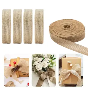 5 Rolls Natural Burlap Fabric Ribbon 1/4 inch Tan Jute Linen Ribbon Rolls for Party Decoration, DIY Crafts Gift Wrapping Bows Making