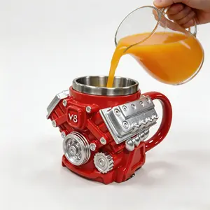 V8 Engine Shape Ceramic Mug - 10oz Red Car-Inspired Handcrafted Durable Reusable Washable Drink Cup, Home & Party Supplies Gift for Mechanics