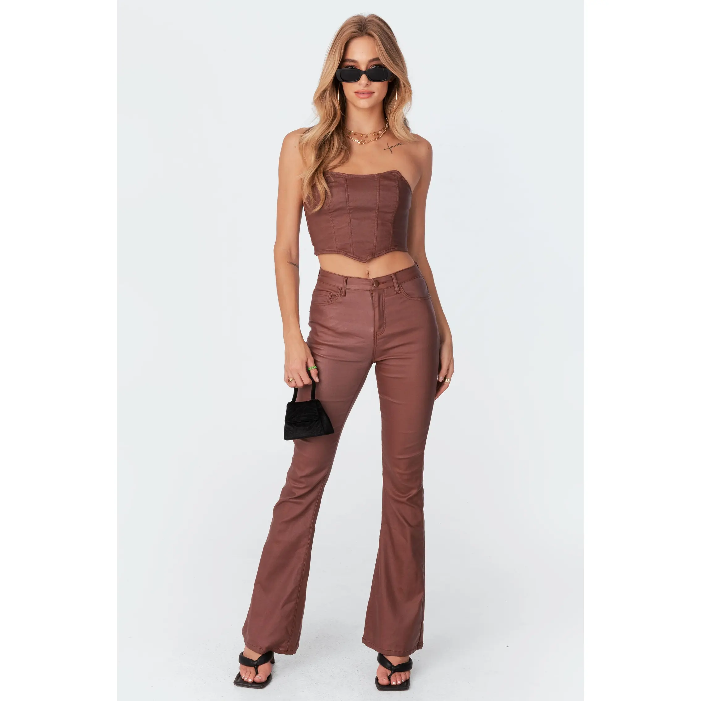 Luna Faux Leather Mid Rise Flared Jeans Luna Faux Leather Mid Rise Flared Jeans